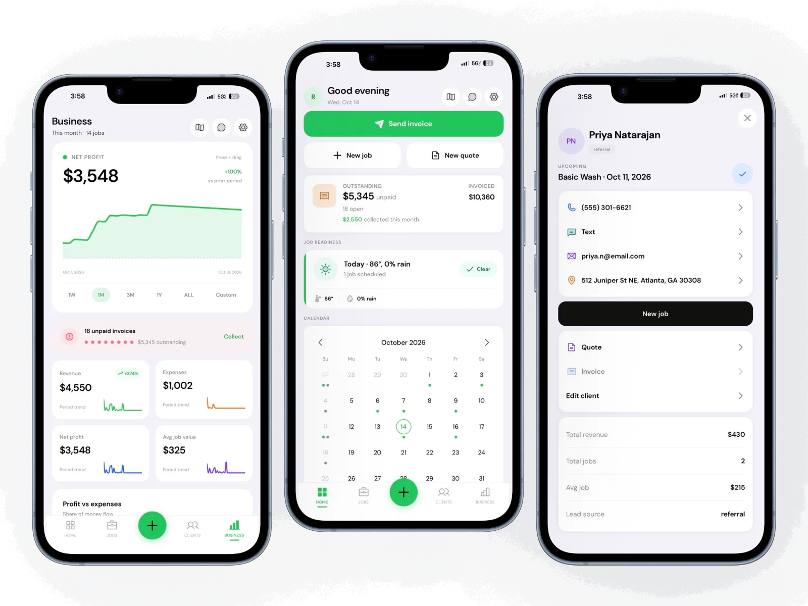 Rinse mobile app showing business reporting, the home dashboard, and a customer profile